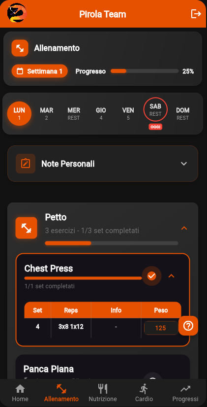 Allenamento dell'app Pirola Team